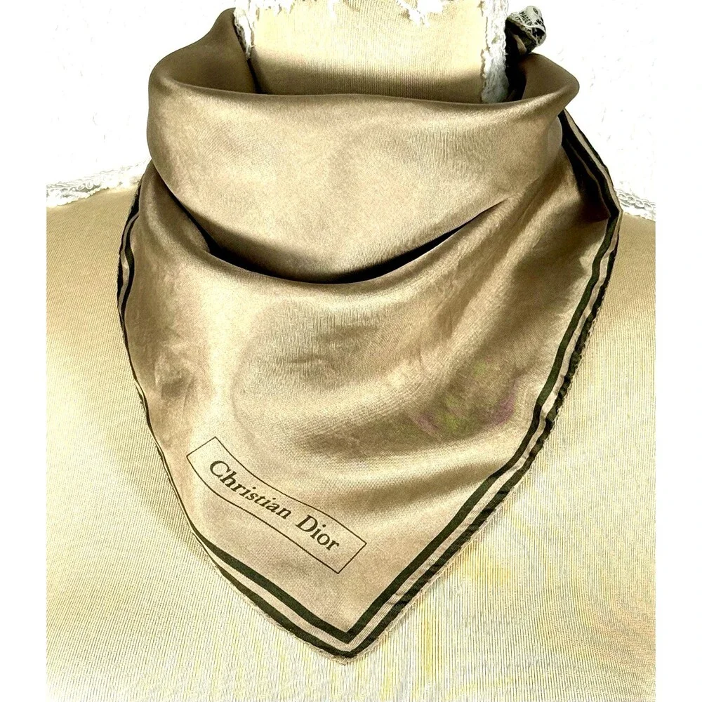 Vintage Christian Dior 100% Silk Scarf 18” Taupe Hand Rolled Portugal Old Money